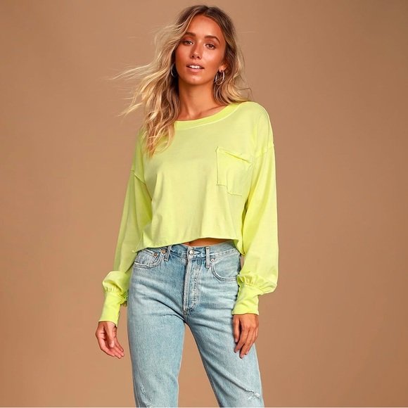 Free People Austin Washed Lime Green Long Sleeve Cropped Tee - Picture 12 of 13